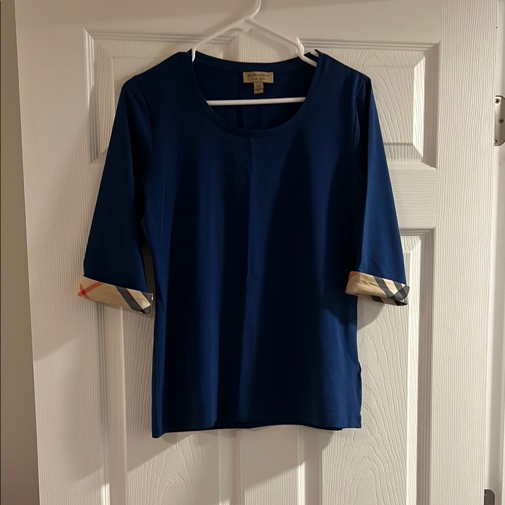 Burberry Blue Scoop Neck Top with Signature Check Cuffs EUC